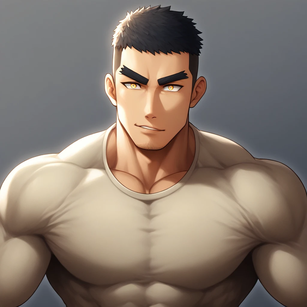 anime characters：Gyee, Muscle Sports Student, 1 muscular tough guy, Manliness, male focus, Light Yellow long sleeve tights, Very tight, The pectoral muscles are oversized, Slightly transparent, muscular male, muscular, only, Upper body, alone, Black short hair, Thick eyebrows, stubble, Yellow eyes, Grey background, simple background, amazing quality, best aesthetics, Ridiculous, bright pupils, crew cut, parted lips, seductive smile, torogao, naughty face, drop shadow, best quality