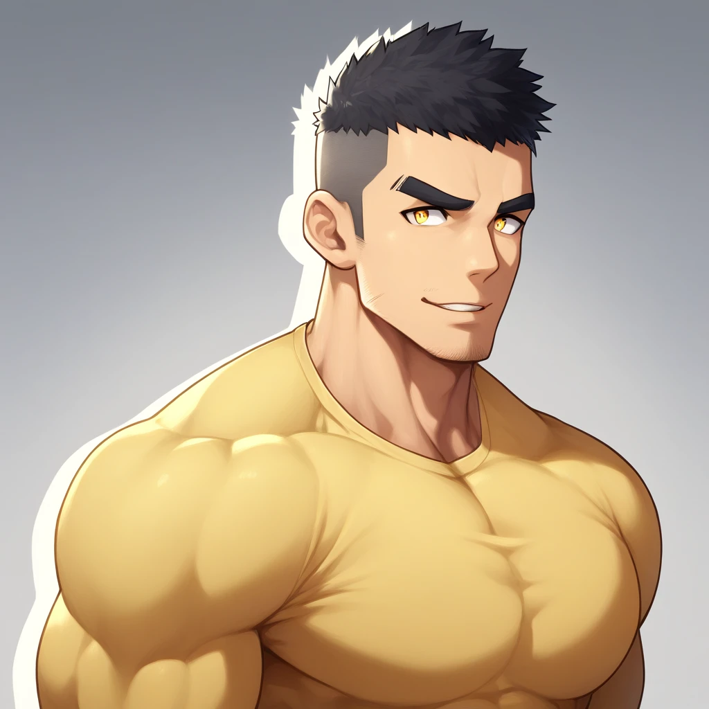 anime characters:Gyee, Muscle Sports Student, 1 muscular tough guy, Manliness, male focus, Light Yellow long sleeve tights, Very tight, The pectoral muscles are oversized, Slightly transparent, muscular male, muscular, only, Upper body, alone, Black short hair, Thick eyebrows, stubble, Yellow eyes, Grey background, simple background, amazing quality, best aesthetics, Ridiculous, bright pupils, crew cut, parted lips, seductive smile, torogao, naughty face, drop shadow, best quality
