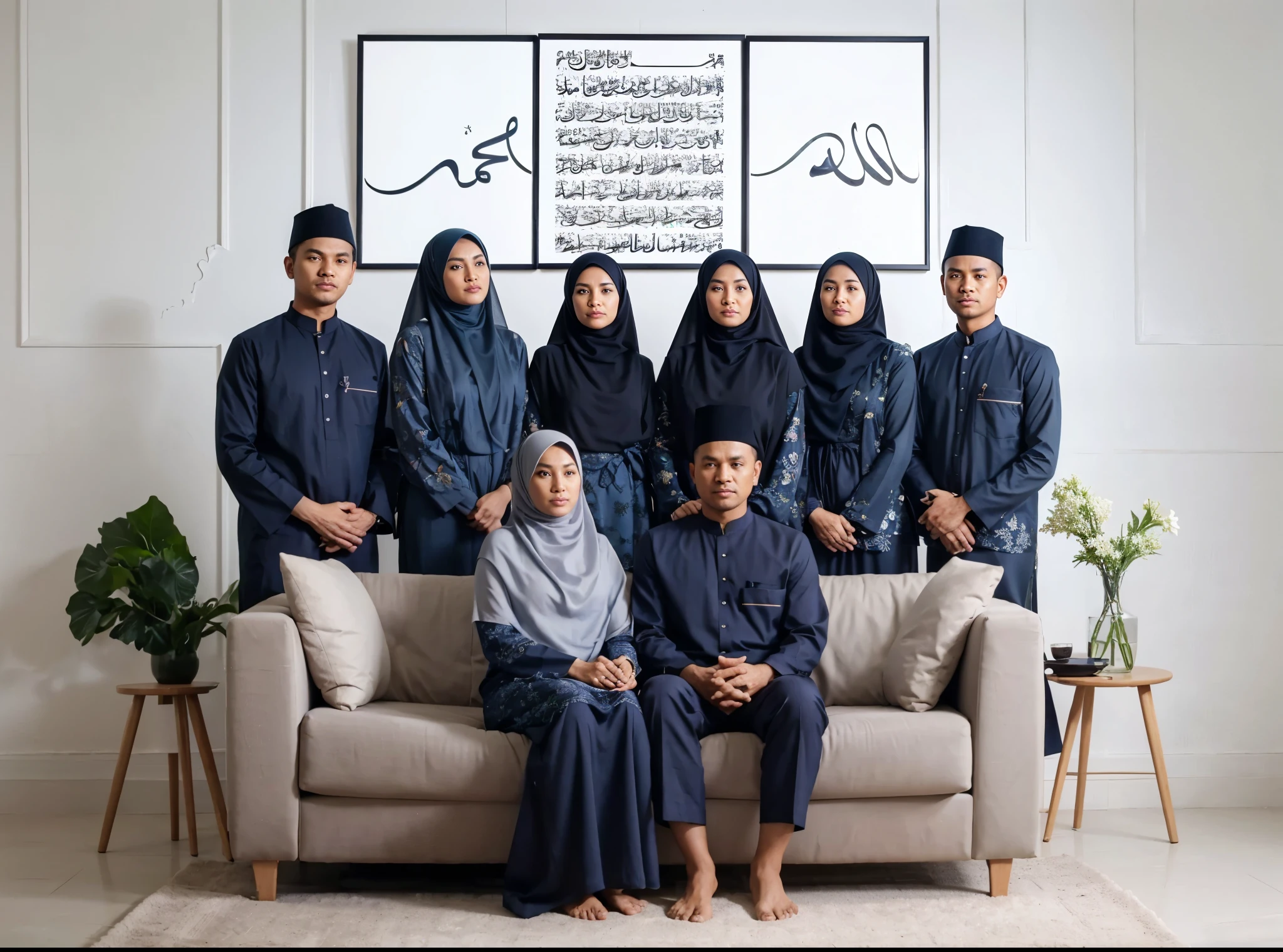 Family photo in Indonesia, eight members, father and mother sitting on a small sofa, four women and two 35-year-old men standing behind the sofa. They all wear coordinated navy Malay Muslim clothes and long hijab sharia robes with the same color and harmony. Realistic photo, minimalistic white wall background with two calligraphy frames, daylight, green flower vase, UHD, 32K