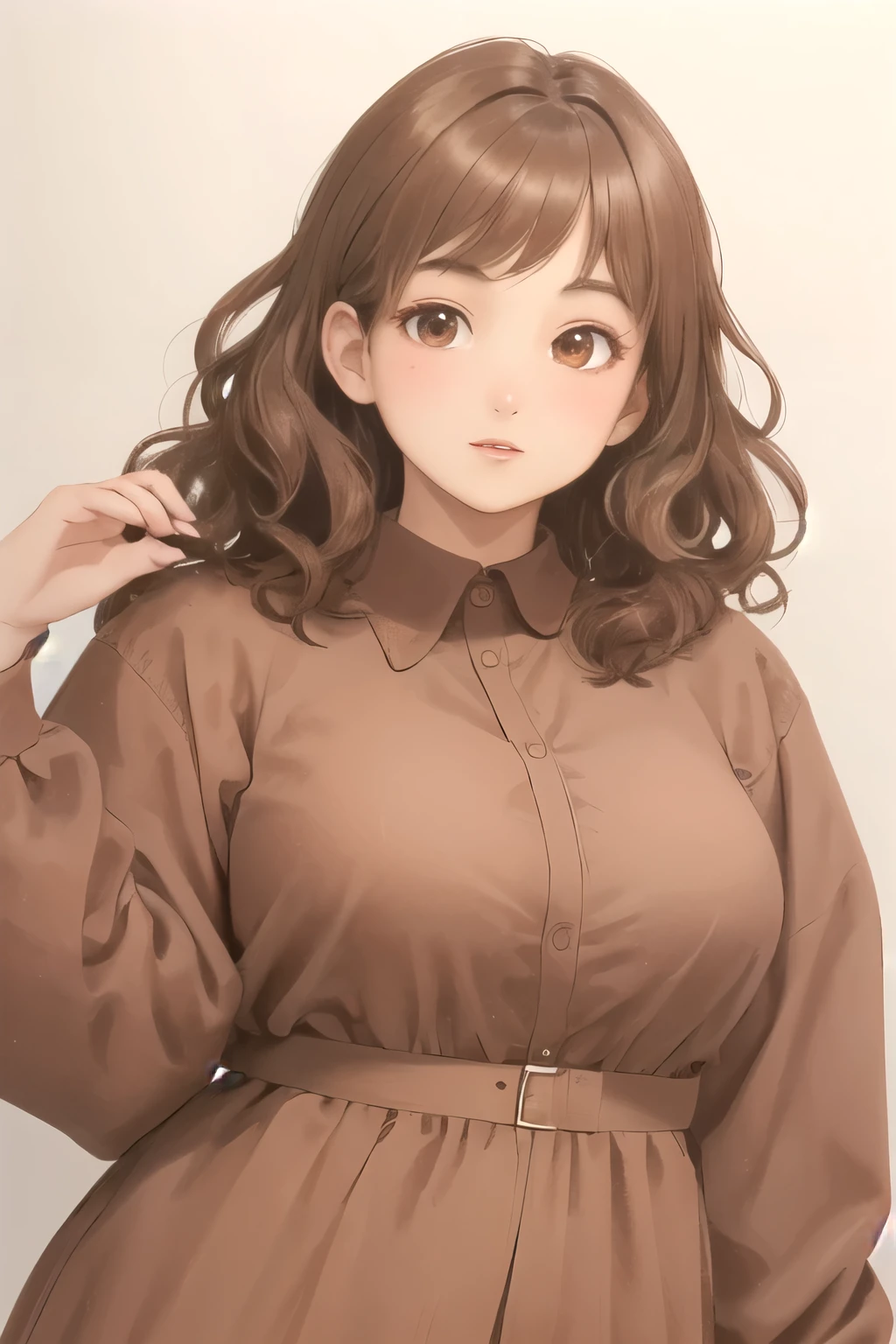 (Highest quality, masterpiece:1.2), sketch full view of a hot looking dark brown skin 29 year old woman standing in front of us. She has brown eyes and short, curly white hair.. She has vampire fangs. She has a beautiful curvaceous figure. She is wearing a plain slim buttoned long sleeve shirt dress. shadow background. sketch. shading. Lighting.She has a tan.