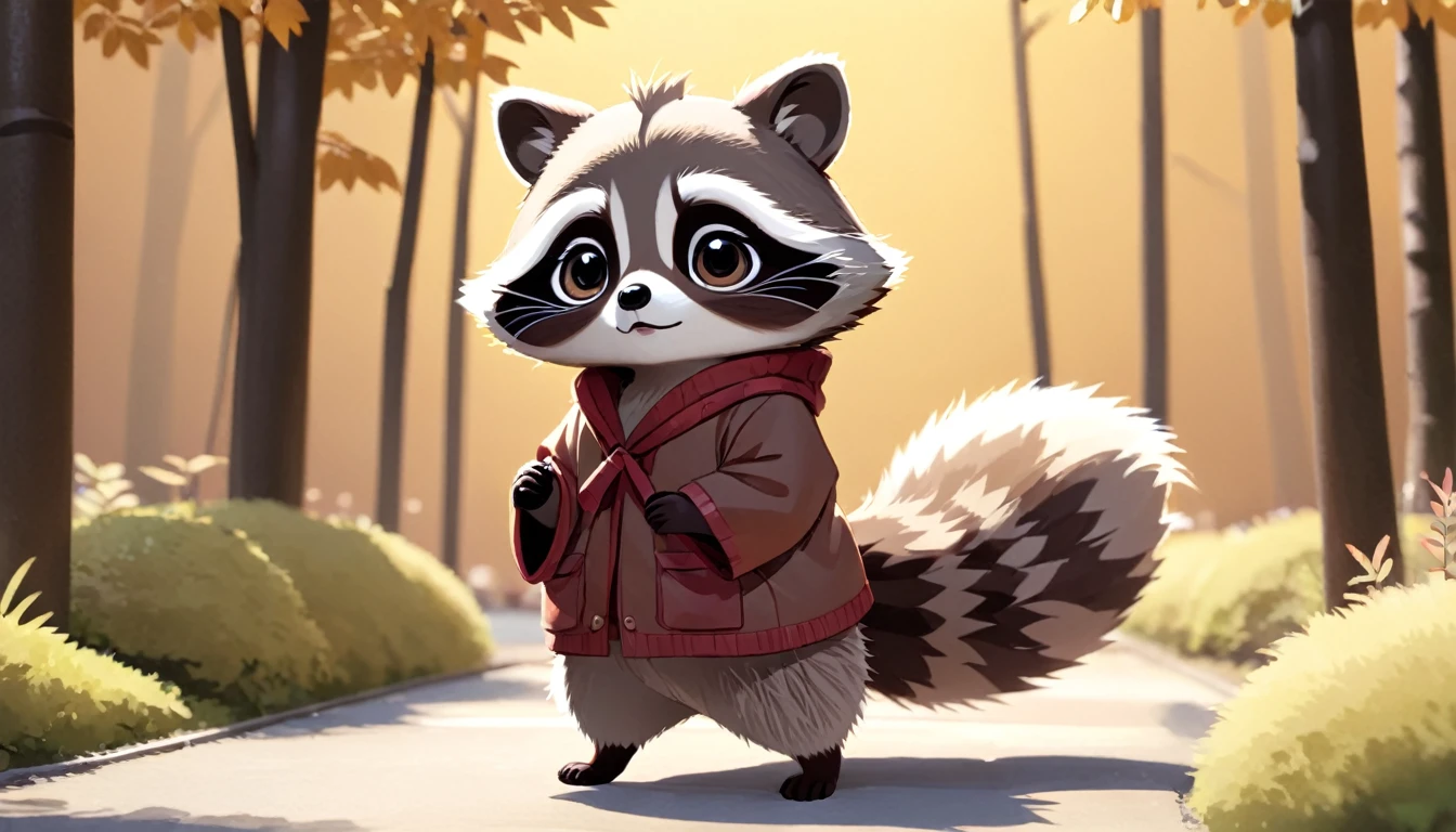 raccoon　Warm brown、Japanese animation style、　cute、Standing posture、Bipedal、The fur is fluffy、
