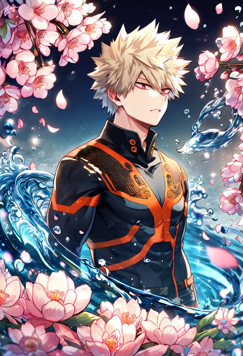 Ultra detailed, highres, absurdres, HDR, master piece, Bakugo Katsuki, ash-blond hair, expressivee red eyes, black clothes with patterns, Boku No Hero Academia, fantasy, pink petals, water, pink flowers, handsome, sexy man, solo, magical, best quality, blossoms, blue shining fireflies