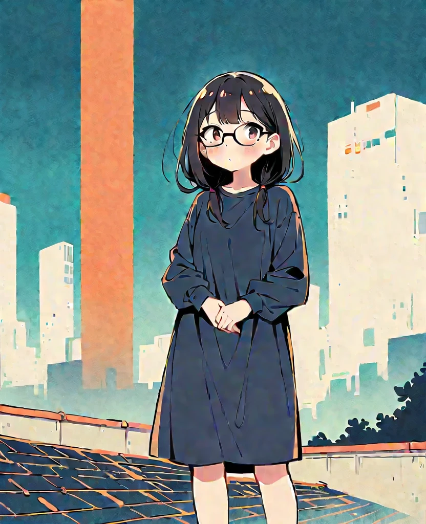(Person Standing on the Rooftop:1.3),Girl on the rooftop,Simple lineinimalism,Abstract Art,City background, urge to pee, covering crotch with two hands, knees together, feet apart (girl is peeing self:0.55), long sleeves, black glasses, standing upright, full-body view