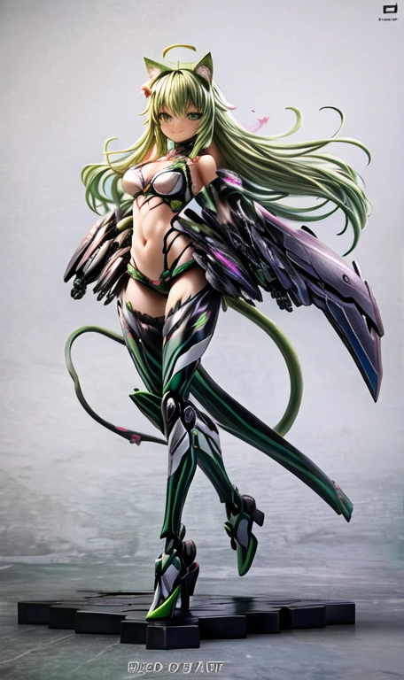 anime figure, figma,(detailed eyes))
1girl,((cat ears)),cat tail, ((long straight green hair:1.3)),big expressive neon green eyes,,expressive eyes,(((smile,blush wink))),(((full body:1.4))), ((mechanical full body suite, mecha)), feather robot wings,black kitten, cute, dynamic flirty pose, missiles on arms and shoulders, partial metal mask,standing on one leg looking at viewer ,shoulder trun to the viewer,black kitten sitting next to her, cute,flirty pose,AD ,decales,web AD
solo:1.5
