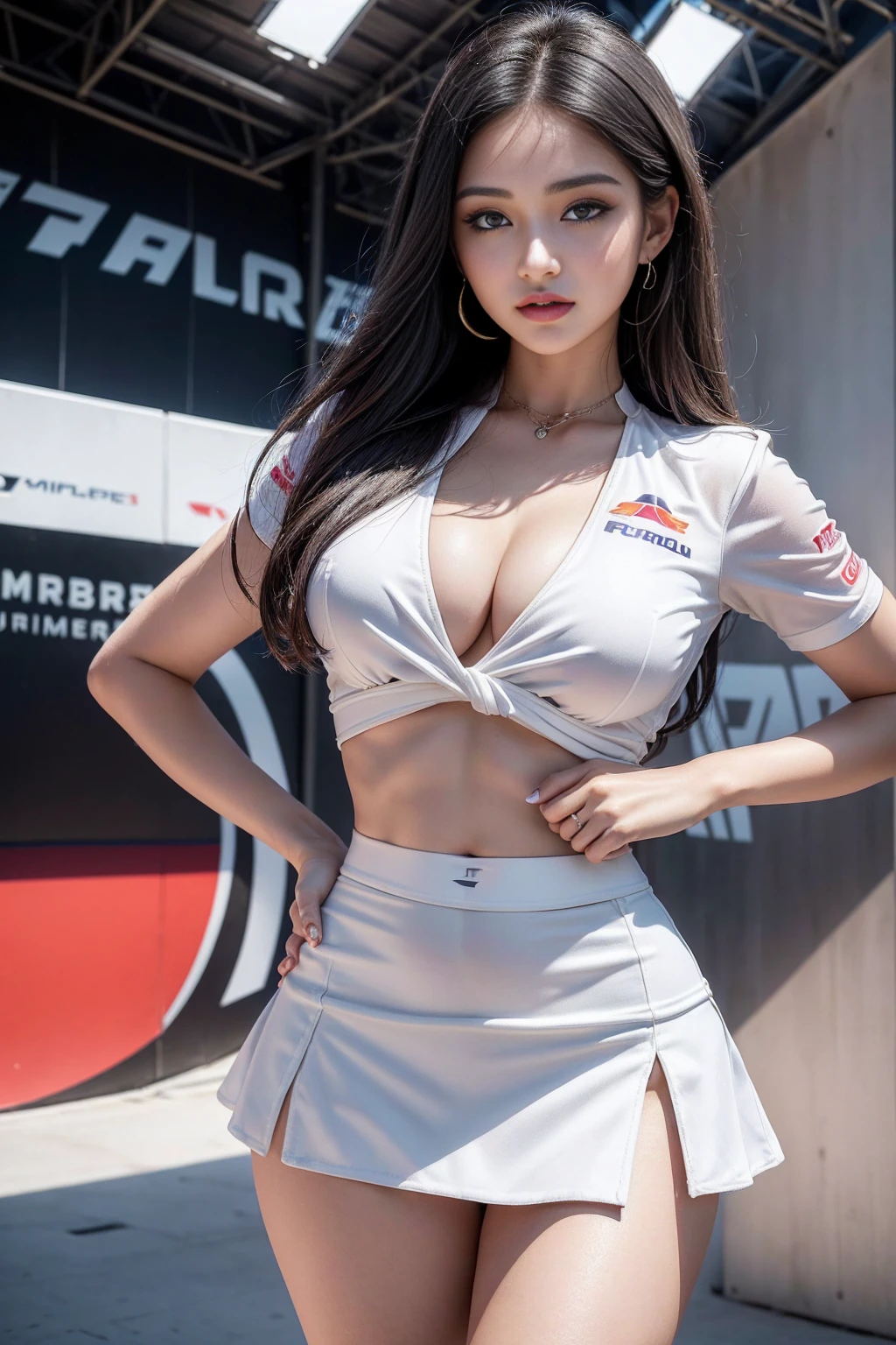 (masterpiece), ( MotoGP Racing Girls), (Eyeliner:0.5),(blush:0.5), Black Hair, A faint smile, Refers to a beautiful and delicate girl, Extremely detailed eyes and face, Beautiful and delicate eyes, , ((MOTOGP events)), (MotoGP track background), (best quality, high resolution, Reality, The original, 8K,masterpiece, ),(((Dynamic poses))),(((Midsection perspective))),(((Showing the underside of the chest ))),(((White Mini Skirt Lift))),(((Bare inner thighs))),(((Formula One cars on display))), (Vibrant colors:1.2), (Beautifully),