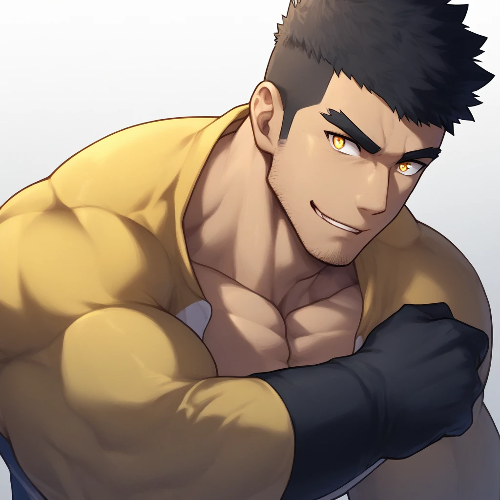 negro, negro, negro, anime characters：Gyee, Muscle Sports Student, negro black skin, 1 muscular tough guy, Manliness, male focus, Dark grey and Yellow long sleeve tights, Very tight, The pectoral muscles are oversized, Slightly transparent, muscular male, muscular, only, Upper body, alone, Black short hair, Thick eyebrows, stubble, Yellow eyes, White background, simple background, amazing quality, best aesthetics, Ridiculous, bright pupils, crew cut, parted lips, seductive smile, torogao, naughty face, drop shadow, best quality