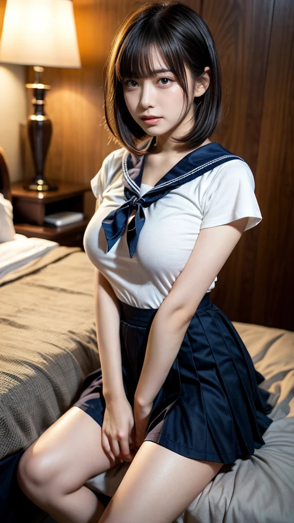 ((8k、High resolution、Highest quality、High resolution)))alone、Natural body shape、White skin、Natural Makeup、((Black Hair、bangs、Straight Long Hair))、((日本のSailor suit))(school uniform 、Sailor suit、Navy blue pleated skirt、red school ribbon)、、(Big Breasts:1.3)、((The upper body is wearing a uniform))、(((((Looking into the camera)))))、(((Head to shin portrait)))、(((Exposing your thighs)))、Bedroom、On the bed、Sit with your legs apart、((Focus on the crotch))、White socks