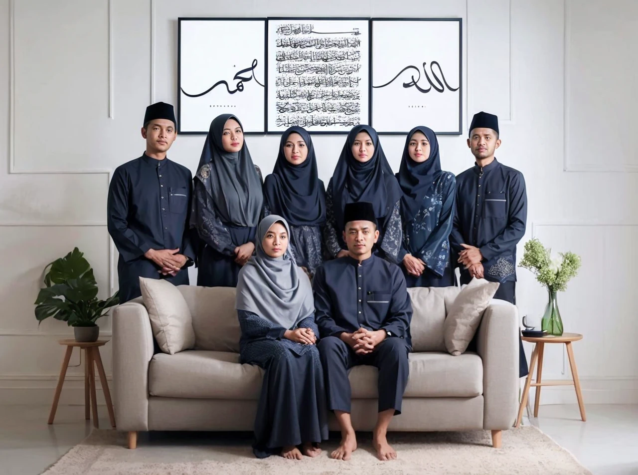Family photo in Indonesia, eight members, father and mother sitting on a small sofa, four women and two 35-year-old men standing behind the sofa. They all wear coordinated navy Malay Muslim clothes and long hijab sharia robes with the same color and harmony. Realistic photo, minimalistic white wall background with two calligraphy frames, daylight, green flower vase, UHD, 32K