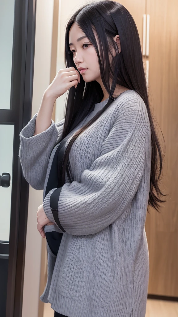 English:** Office, evening, overtime work, Japanese woman, 25 years old, long black hair, loose strands, beautiful, competent woman, looking away, heart-stopping, 8K photo, high quality