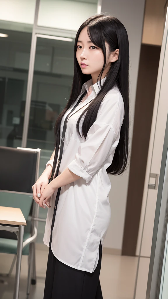 English:** Office, evening, overtime work, Japanese woman, 25 years old, long black hair, loose strands, beautiful, competent woman, looking away, heart-stopping, 8K photo, high quality