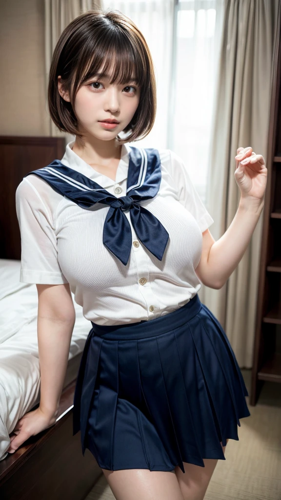 masterpiece, best quality, illustration, Super detailed, fine details, High resolution, 8K,wall paper, perfect dynamic composition,(Details High quality, realistic depiction of eyes:1.3), Black Sailor Uniform, serafuku, Navy pleated skirt, huge breasts, short bob hair, black hair color, Big Natural Color Lip, bold sexy pose, crying a little、 Harajuku style、20 year old girl、cute type、ta、beautiful legs, hotel room, full body photo、focus on crotch, hposing Gravure Idol
