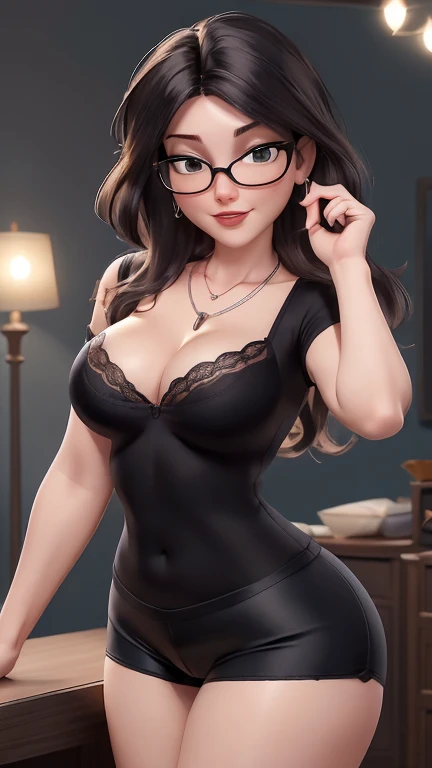 (best qualityer:1.4), body focus, (cute face), work of art, ultrarealistic, (((best qualityer))), ((comely Finger)), Gorgeous character design, ,lighting perfeita, colorfully, Ablaze_front_face_lighting, ultra high resolution, high resolution, absurderes:1.2, bokeh:1.2, Lens flare, (Vibrant_colour:1.2), (comely, medium breasts:1.2), (thick-thighs:1.1), thick,
Animated female character, sideways, ((holding a banana close to mouth)), kissing a banana, glasses, secretary shirt, Pale skin, face covered by hair, ((wearing tight lycra shorts sexy lingerie seducive lace lingerie)), ((wearing ultra-tight black lycra shorts)), open legs, ((sexy lingerie)), silver necklace with pendant, wrinkles, Red lips, long hair, big ass, ((view frontal)), emphasize the bbreasts, ((emphasis on the buttocks))