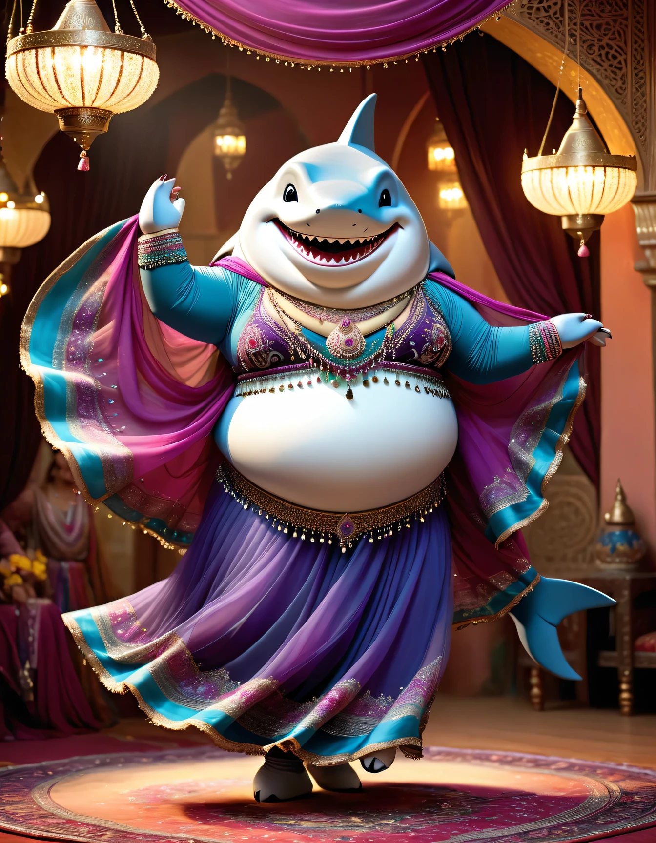 photorealistic portrait of Dressed animals - a ((fat)) ((shark)) dancer,(furry), (dynamic dancing:2.0), (swinging arms :2.0),(happy smile:1.5),high quality,(happy),(lovely) ,intricate details, (sheer veil), highly detailed (( gypsy belly dancing clothes)) ,highly detailed decorations of clothes, Wearing gypsy belly dancing clothes, , (happy), soft lighting,(full body image:1.5),Arabian palace background,(),