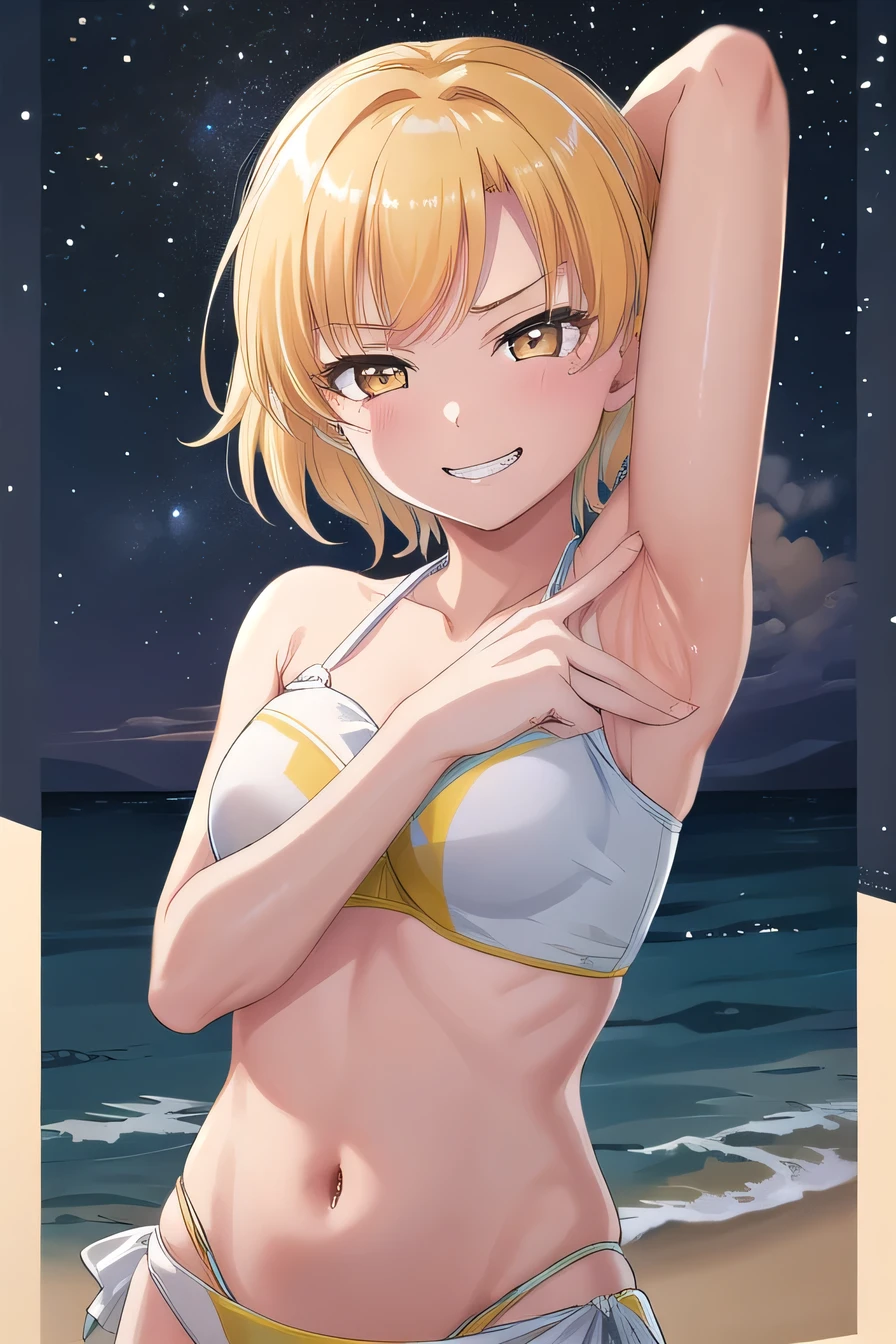 MASKING, 1girl, solo, looking at viewer, smile, short hair, blonde hair, brown eyes, yellow eyes, white bikini, high quality, solo, night sky, beach, arms behind head, contrapposto, closed mouth, spread armpits, upper body, looking at viewer, grin, best quality,