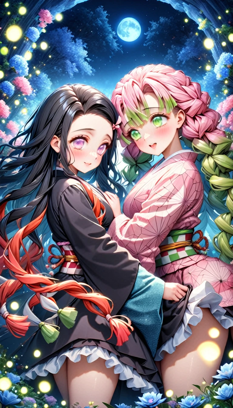 absurdres, highres, ultra detailed, HDR, masterpiece, Kamado Nezuko, black hair, expressive pink eyes, Kimetsu No Yaiba, Kanroji Mitsuri, pink hair, expressive green eyes, two women together, beautiful, pink kimono, black kimono, magical, fantasy, blue moon, starry, blue fireflies, blue flowers