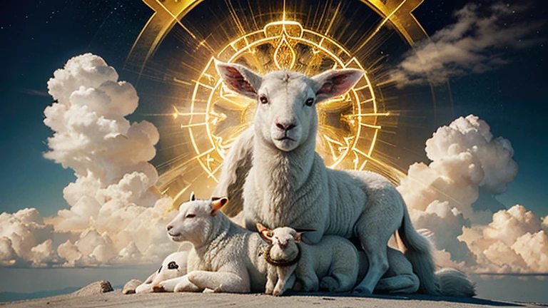 In a heavenly radiance, the Lamb, symbol of Jesus Christ, bursts out of the clouds, holding the seven seals that contain the destiny of humanity.