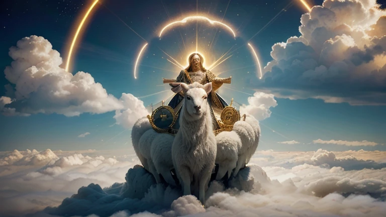 In a heavenly radiance, the Lamb, symbol of Jesus Christ, bursts out of the clouds, holding the seven seals that contain the destiny of humanity.