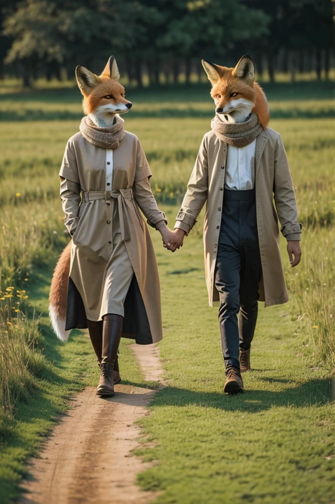 there are two Foxes walking in a field holding hands, Foxes, Fox People, Subscribe to, Fantasy Fox Love, # film, Zootopia 2, High quality wallpapers, playing with Foxes, great wallpaper, perfect clear sunlight, Foxes playing in a meadow, The most beautiful scene, by Alexander Kucharsky, View of the sunset, by Anna Haifisch