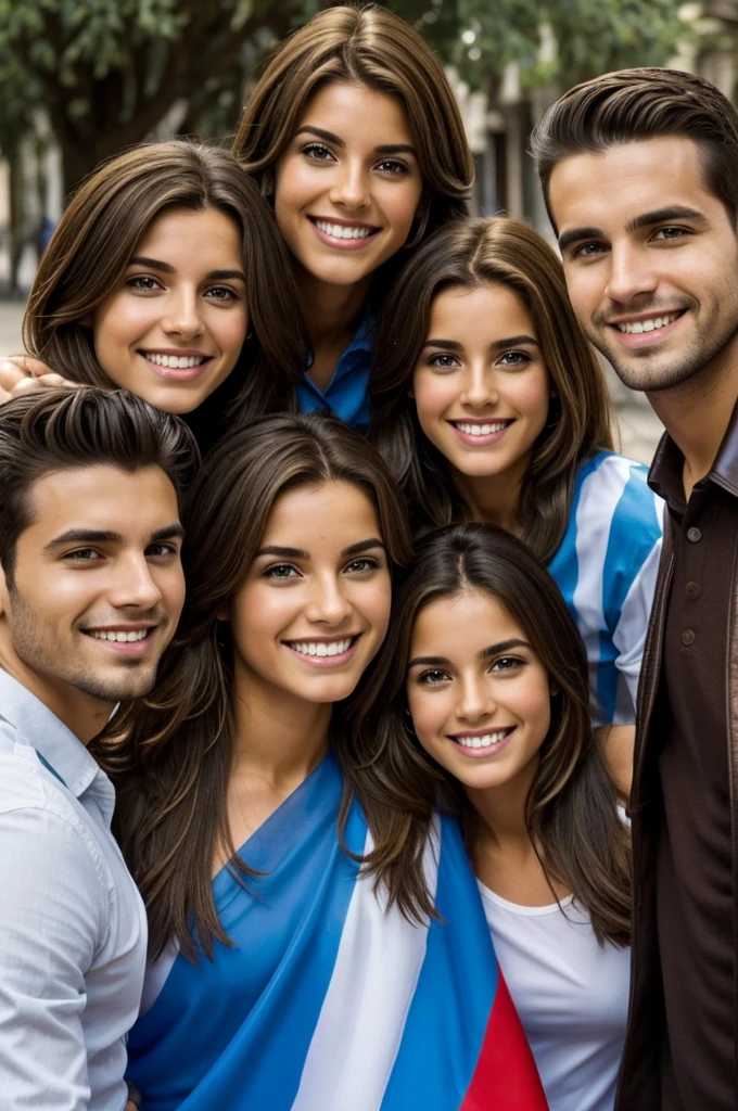 three people, and hombre de pelo oscuro, and.young man with light brown hair, y anda mujer de pelo castaño claro, sosteniendo anda bandera argentina y sonriendo