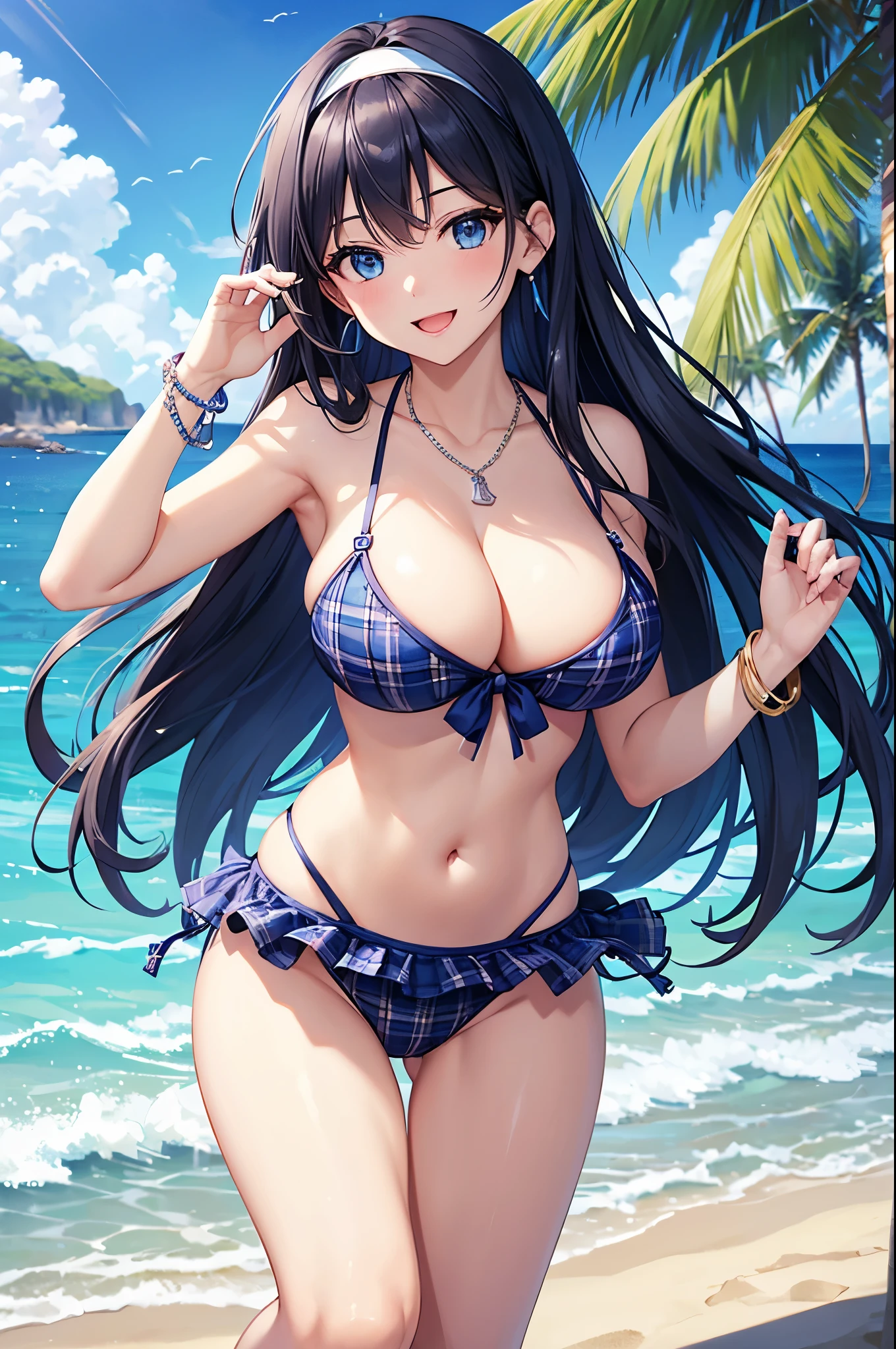 Highest quality、Highest quality、masterpiece、(8K),beauty(Age 25)、Navy blue long hair、blue eyes、Sexy Bikini(Plaid)、Big cleavage、(Big Breasts)、smile、blue necklace、Blue Earrings、background(Beach)、Please open your mouth wide、White headband、bracelet、Dynamic pose