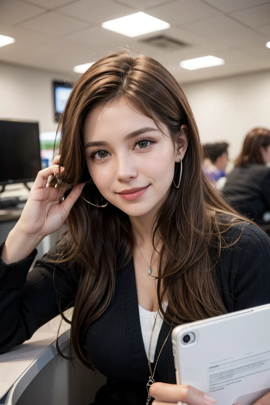 Create a 36 year old woman with brown hair, BROWN COLOR, smile with a phone/telemarketing assistant microphone