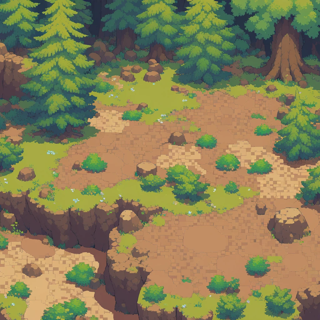 retro video game style,pixelated, vibrant pastel colors,8-bit characters,blocky shapes,sharp lines,detailed shading,classic gaming vibe,nostalgic atmosphere,classic arcade games,masterpiece:1.2,ultra-detailed,illustration style, 2d texture, clay texture, stone texture, 4 k seamless mud texture, video game texture, dirt texture, tileset, game tiles, clay material, flat texture, grass, trees, rock texture, rocky ground, forest, topdown view, game texture, game art, ground very detailed, dirt, floor texture, tileable texture, flowers, bushes, shrubs, intricate ground stone, top down view, 3/4th perspective