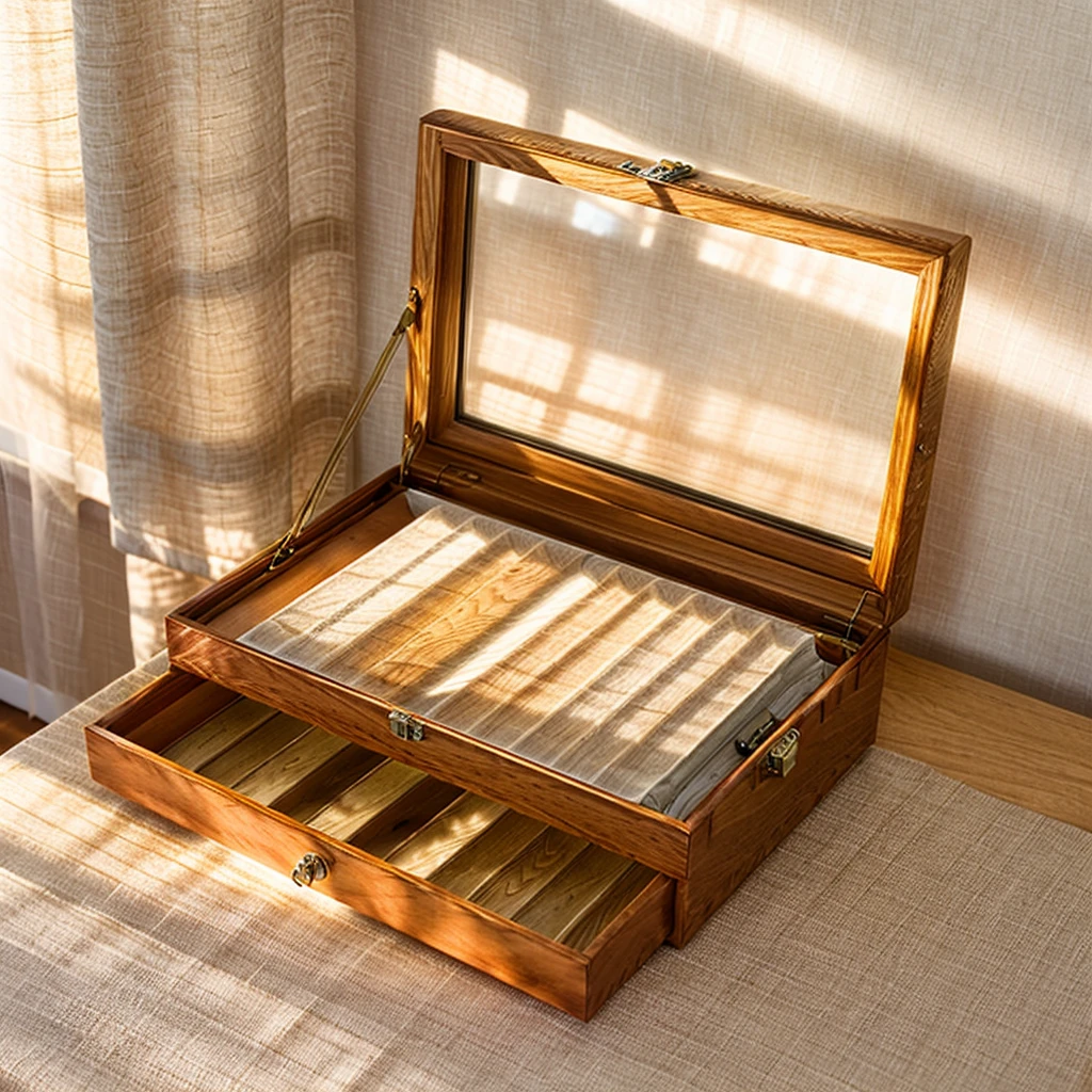 In this cozy room,A ray of sunlight shone through the half-drawn curtains on the table,Let the wood grain on the watch storage box shine with a faint luster。There was a calm and peaceful atmosphere in the air around them。There are several still lifes hanging on the walls of the room,It adds a touch of elegance to the space。And on the other side of the room,The half-open window lets in the breeze,The pages on the small desk by the window turned in the wind,This quiet scene gives a sense of tranquility and comfort。