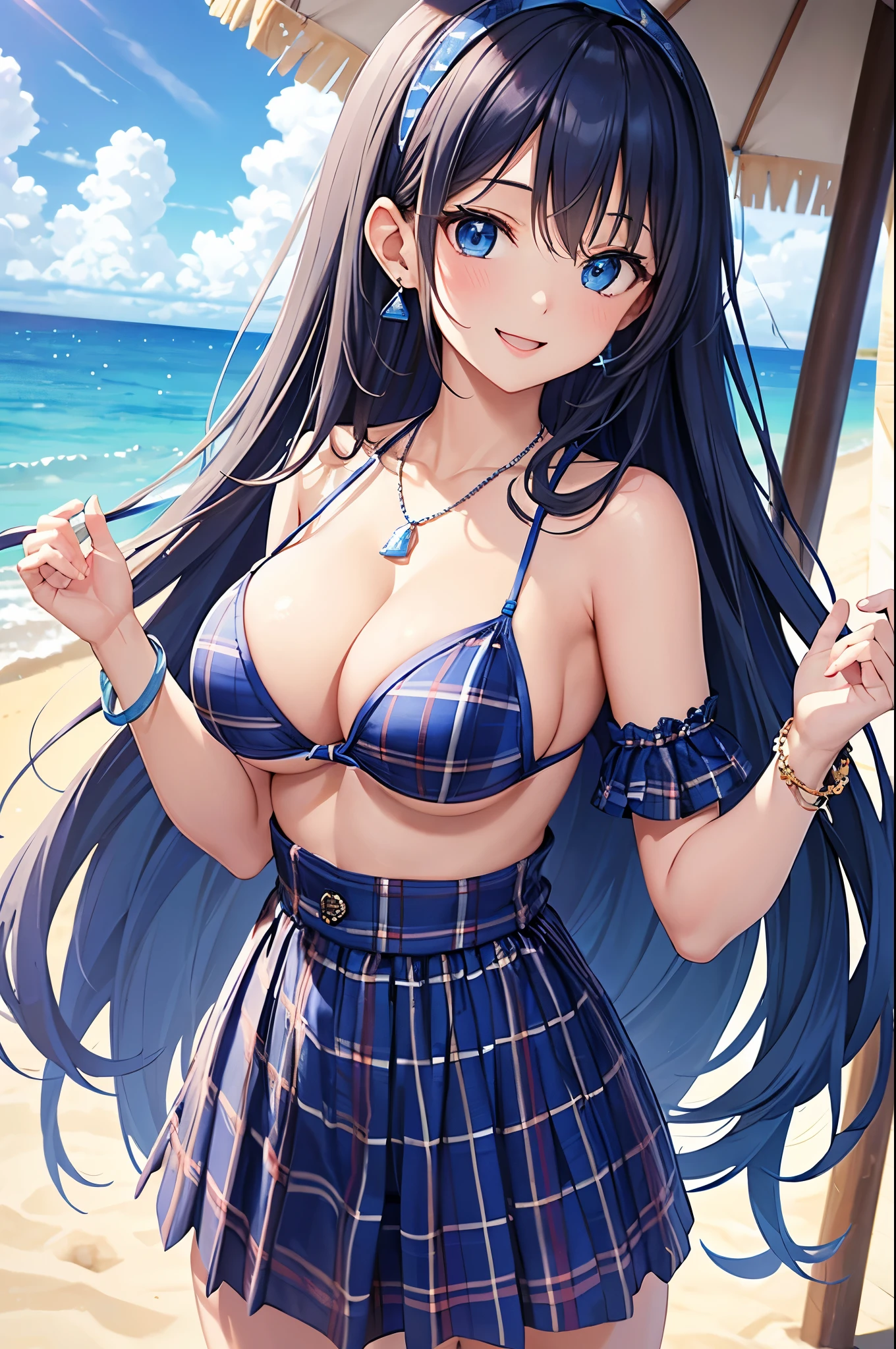 Highest quality、Highest quality、masterpiece、(8K),beauty(Age 25)、Navy blue long hair、blue eyes、Sexy Bikini(Plaid)、Big cleavage、(Big Breasts)、smile、blue necklace、Blue Earrings、background(Beach)、Please open your mouth wide、White headband、bracelet、Dynamic pose