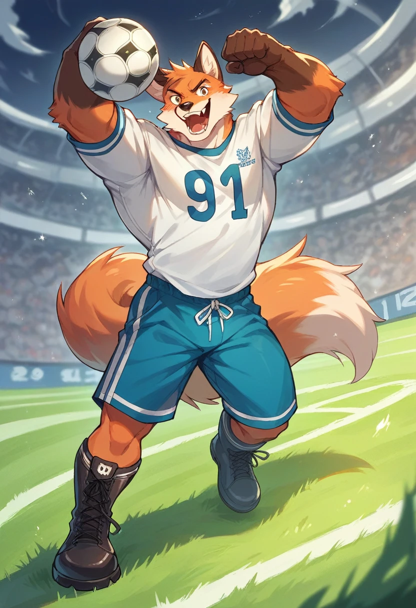 A very muscular fox, with Cruzeiro shirt (football team). Uniformed with boots, cruise shirt stepping on a soccer ball 