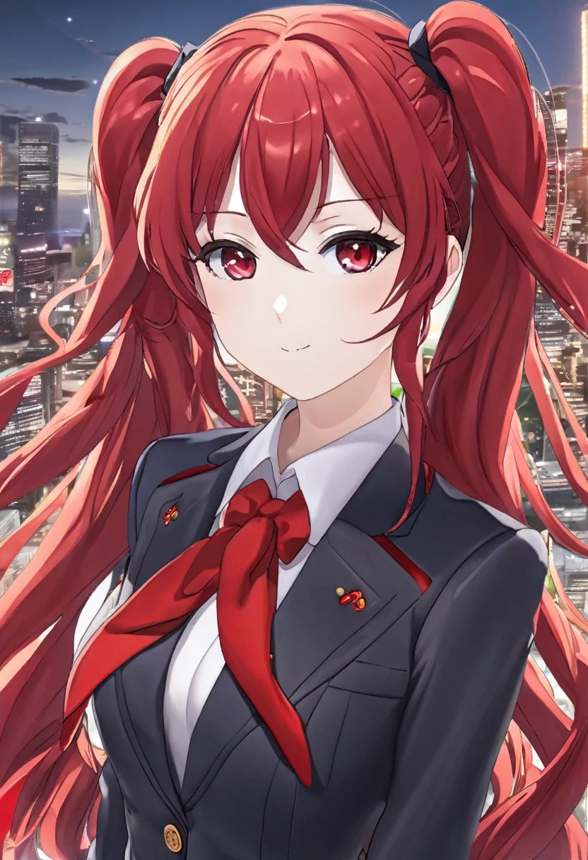 Anime Woman Red Hair Twintail With Suit Red