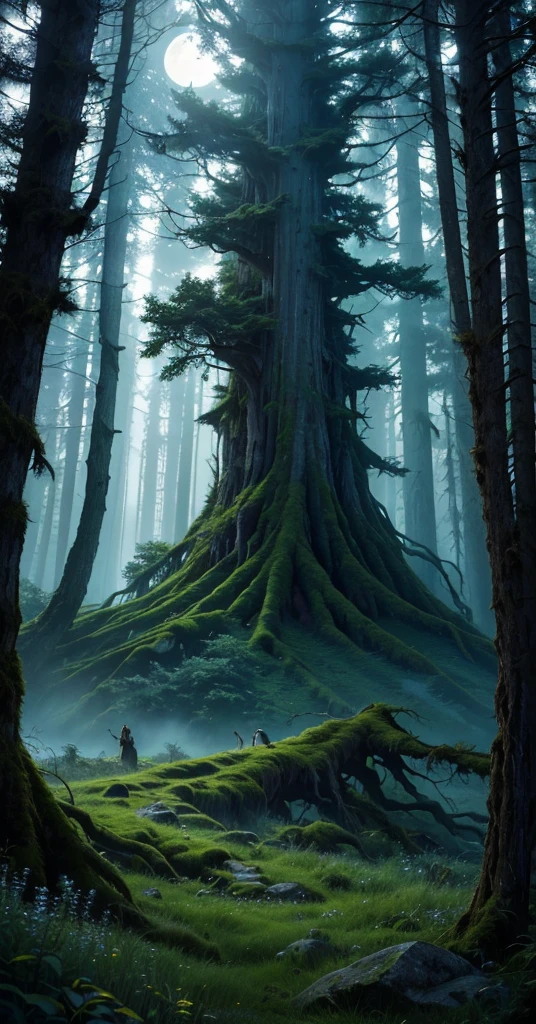 a comforting moonlit meadow in a lush forest at night, ancient twisted trees, mossy rocks, long grass, wildflowers, night sky, stars, dramatic cinematic lighting, moody fantasy landscape, (best quality,4k,8k,highres,masterpiece:1.2),ultra-detailed,(realistic,photorealistic,photo-realistic:1.37)