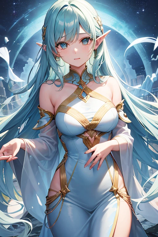 Imagine a young woman with ethereal beauty, as if it had been sculpted by the same artists who painted the stars in the night sky. Her hair flows like a waterfall of golden threads, capturing sunlight in every strand. His eyes are two bright emeralds, full of life and mystery, reflecting a spirit that is both ancient and eternally young. The girl's skin has the soft glow of dawn, and her smile is so radiant that it could illuminate even the darkest corners of the heart.”