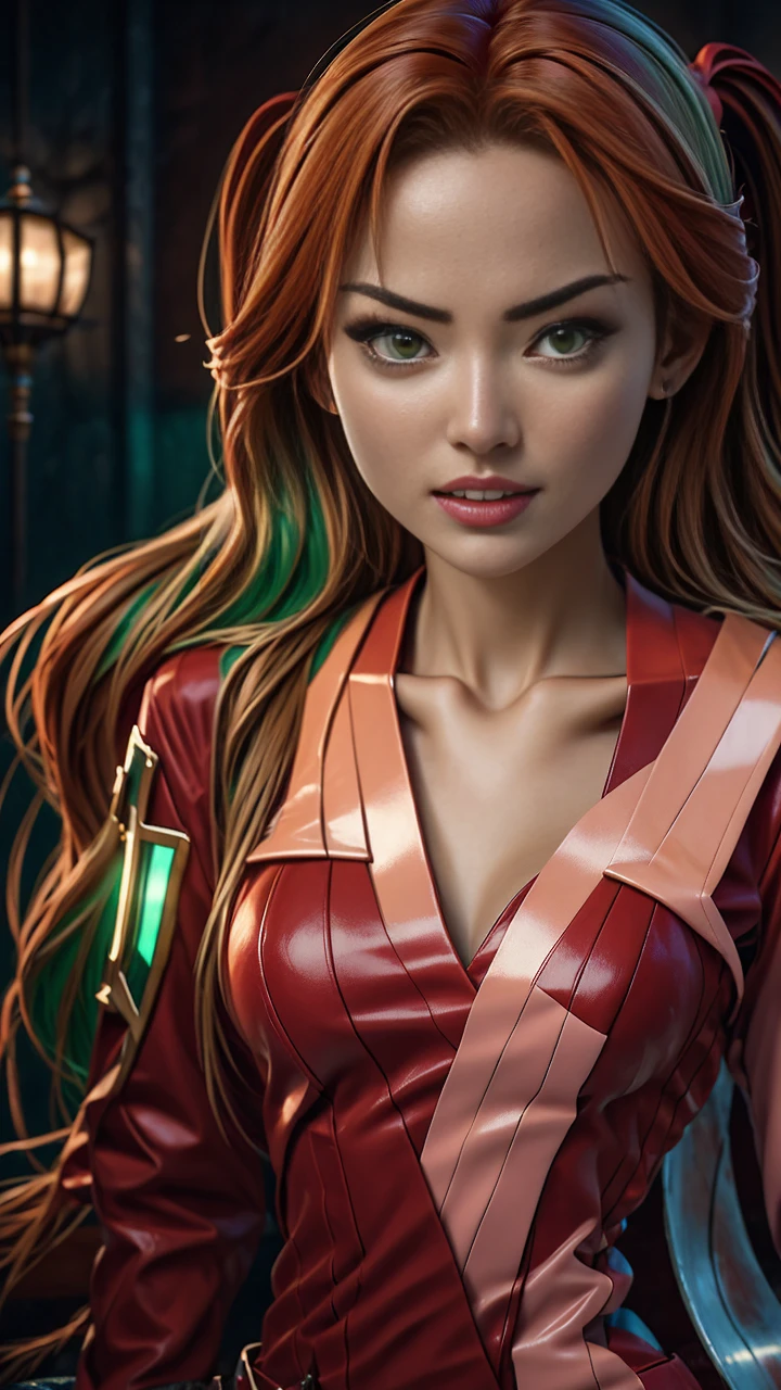 Generate an extremely photorealistic image of Kokoa Shuzen from "Rosario + Vampire" in a with red twin-tails and green eyes. The scene should feature lifelike textures and details, with natural lighting highlighting her fierce and captivating presence. Keywords: 64K, photorealistic, UHD, hyper-detailed, HDR, professional photography, realistic rendering, lifelike, Kokoa Shuzen, .