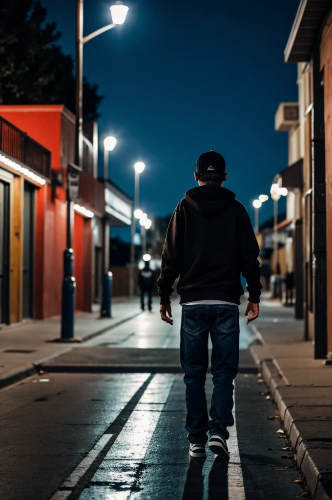 Boy on skateboard from behind and at night with a sweatshirt