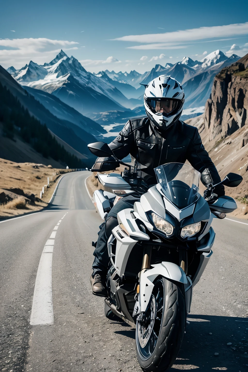 Make a man on top of a white Triumph Tiger 1200cc motorcycle , This man must be wearing black clothing with a black helmet.
He must be in the Swiss Alps He is enjoying the scenery Ultra realistic photo, 8 k quality, fullHD