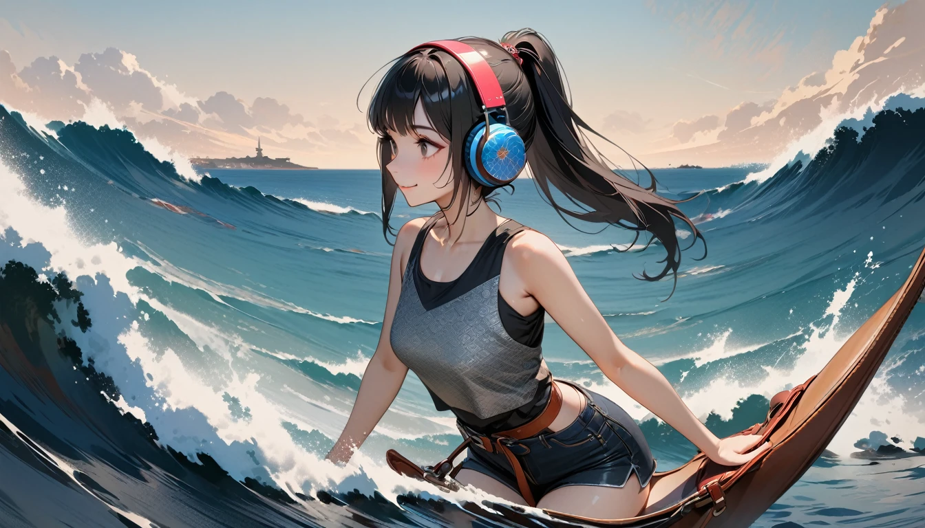 (((8K, Masterpiece, high resolution, highest quality, highest quality real texture skin))), (((whole body))), ((wearing Japanese pattern headphones)), (((1 girl))), (((Smiling while staking out his saddle on the ocean))), ((sunglasses)), (Japanese pattern Tシャツ, super mini shorts), (Black shiny hair, beige skin, ponytail), (surreal, digital painting)