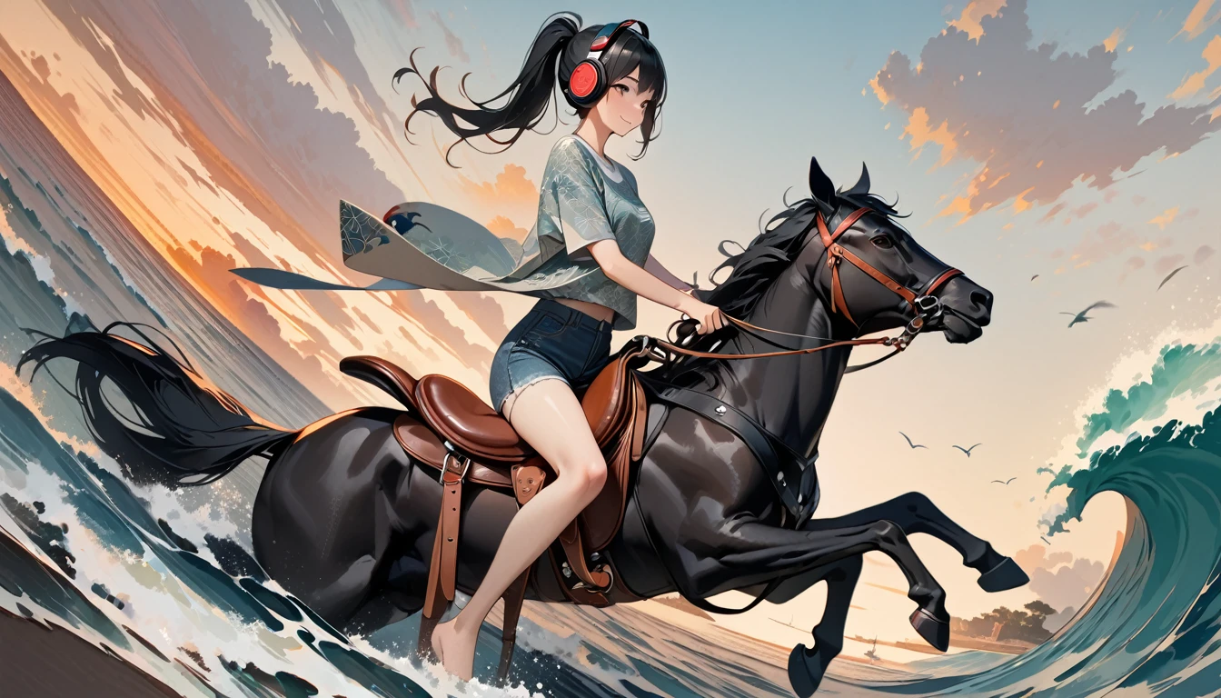 (((8K, Masterpiece, high resolution, highest quality, highest quality real texture skin))), (((whole body))), ((wearing Japanese pattern headphones)), (((1 girl))), (((Smiling while staking out his saddle on the ocean))), ((sunglasses)), (Japanese pattern Tシャツ, super mini shorts), (Black shiny hair, beige skin, ponytail), (surreal, digital painting)