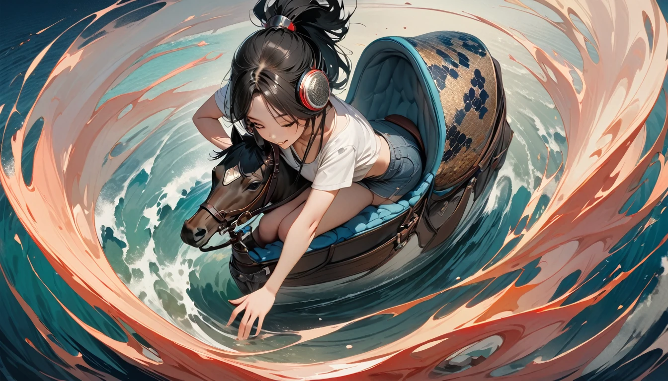(((8K, Masterpiece, high resolution, highest quality, highest quality real texture skin))), (((whole body))), ((wearing Japanese pattern headphones)), (((1 girl))), (((Smiling while staking out his saddle on the ocean))), ((sunglasses)), (Japanese pattern Tシャツ, super mini shorts), (Black shiny hair, beige skin, ponytail), (surreal, digital painting)