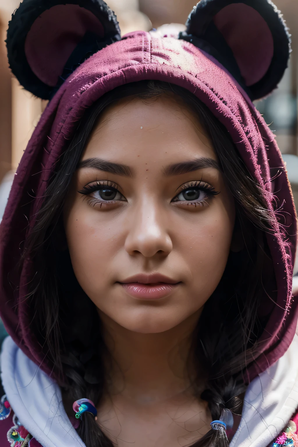 A detailed, cartoon-style drawing of a hooded woman from an Ecuadorian legend, with Minnie Mouse's face replacing the original face, (best quality,4k,8k,highres,masterpiece:1.2),ultra-detailed,(realistic,photorealistic,photo-realistic:1.37),1girl,hyperrealistic,3d,disney,cartoon,fantasy,intricate details,minnie mouse face,hooded woman,ecuadorian legend,beautiful detailed eyes,beautiful detailed lips,extremely detailed eyes and face,longeyelashes,soft warm lighting,vibrant colors,whimsical,digital art
