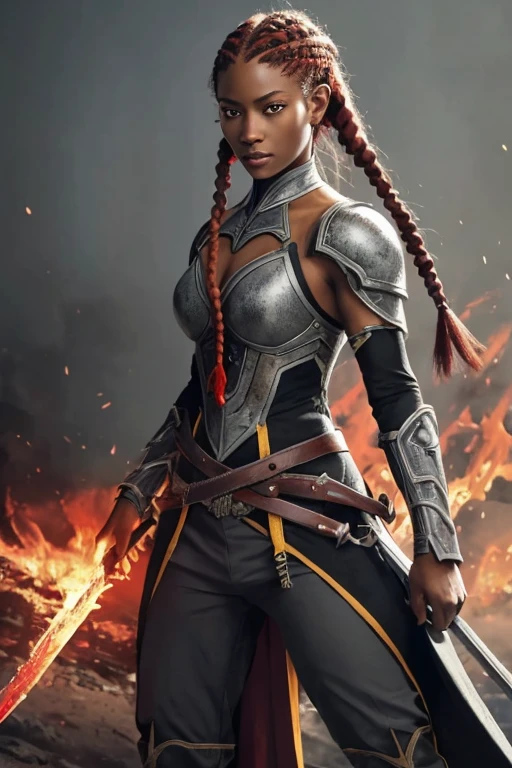 portrait of 1 red haired woman, dark skin), yellow eyes, short hairstyle, (long twin_low_braids), battle stance, fantasy military gear, r night and ash background, fantasy, detailed, ( methurlant), (masterpiece, best quality:1.3), moth on eye, comic, intricate hairstyle, elegant hair, ((red and gray clothes)), detached sleeves, exposed shoulders,  pointed ears, muscular, holding a long flaming sword