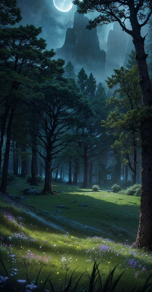 a comforting moonlit meadow in a lush forest at night, dark colors, peaceful atmosphere, moonlight, night sky, stars, ancient trees, mossy rocks, long grass, wildflowers, (best quality,4k,8k,highres,masterpiece:1.2),ultra-detailed,(realistic,photorealistic,photo-realistic:1.37),landscape,fantasy,dramatic lighting,moody,cinematic