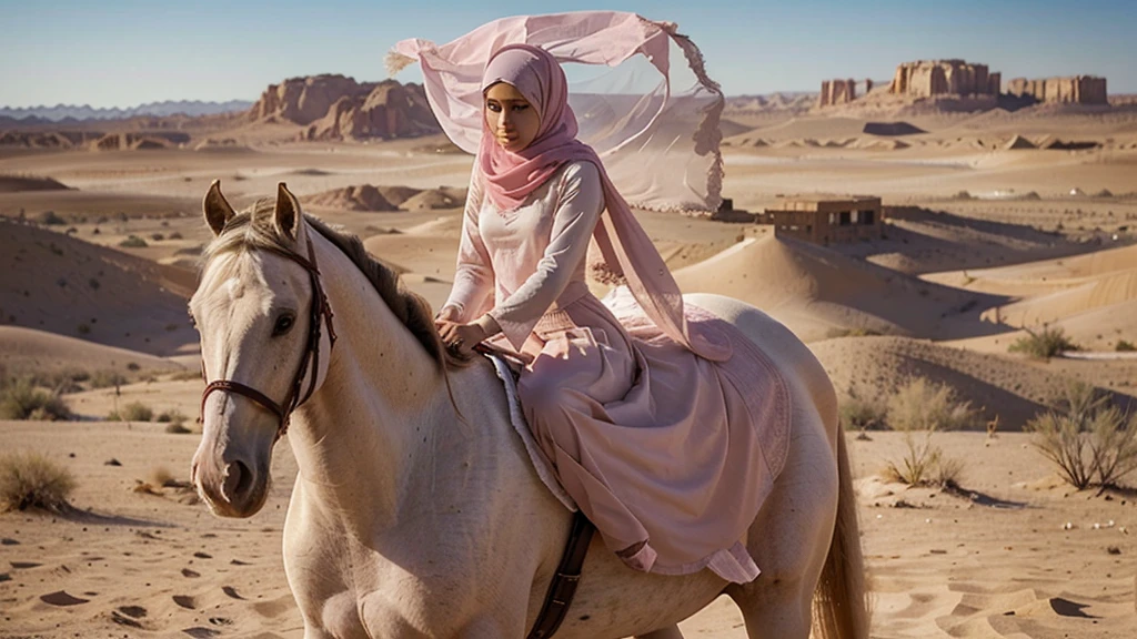 The picture shows a woman wearing a hijab, burqa, and a long pink veil that covers her completely and descends until it reaches the ground. The lady rides a white horse with dignity and elegance, which enhances the beauty of the scene. The horse appears to be in harmony with the color of the veil, as it stands firmly in the middle of the desert, where the pink and sandy colors blend together in perfect harmony, giving the picture a dreamy and magical character. The desert background and calm colors give the impression of peace and tranquility, as if the lady and the horse are part of a dreamy fairy tale. Clear front angle