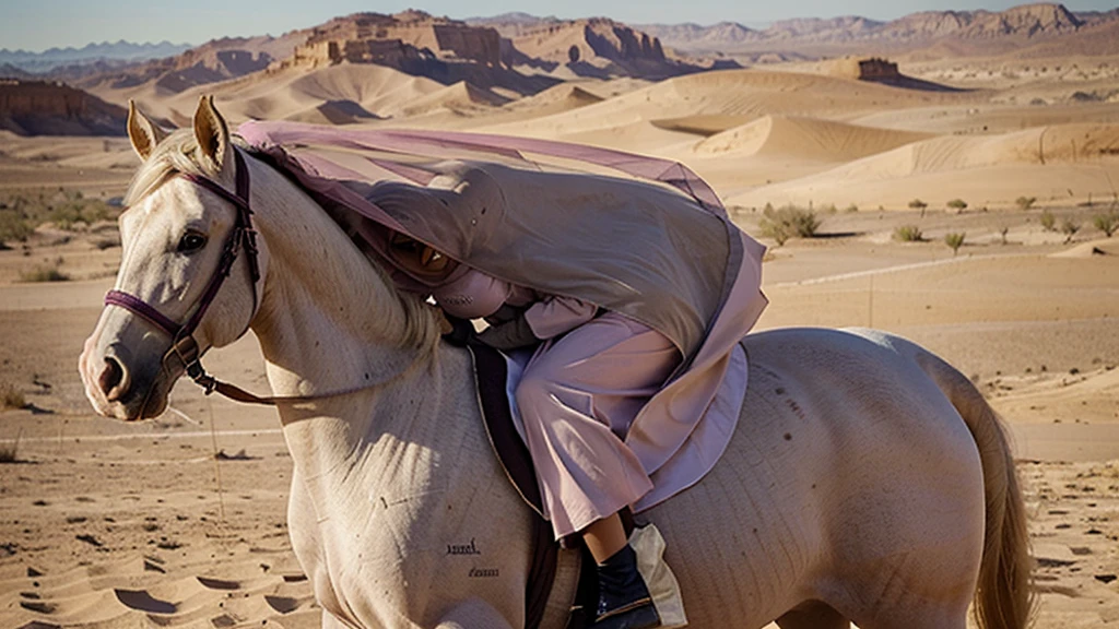 The picture shows a woman wearing a hijab, burqa, and a long pink veil that covers her completely and descends until it reaches the ground. The lady rides a white horse with dignity and elegance, which enhances the beauty of the scene. The horse appears to be in harmony with the color of the veil, as it stands firmly in the middle of the desert, where the pink and sandy colors blend together in perfect harmony, giving the picture a dreamy and magical character. The desert background and calm colors give the impression of peace and tranquility, as if the lady and the horse are part of a dreamy fairy tale. Clear front angle