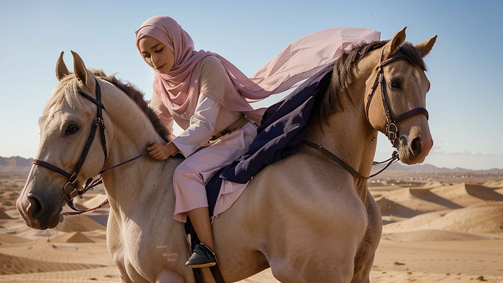The picture shows a woman wearing a hijab, burqa, and a long pink veil that covers her completely and descends until it reaches the ground. The lady rides a white horse with dignity and elegance, which enhances the beauty of the scene. The horse appears to be in harmony with the color of the veil, as it stands firmly in the middle of the desert, where the pink and sandy colors blend together in perfect harmony, giving the picture a dreamy and magical character. The desert background and calm colors give the impression of peace and tranquility, as if the lady and the horse are part of a dreamy fairy tale. Clear front angle