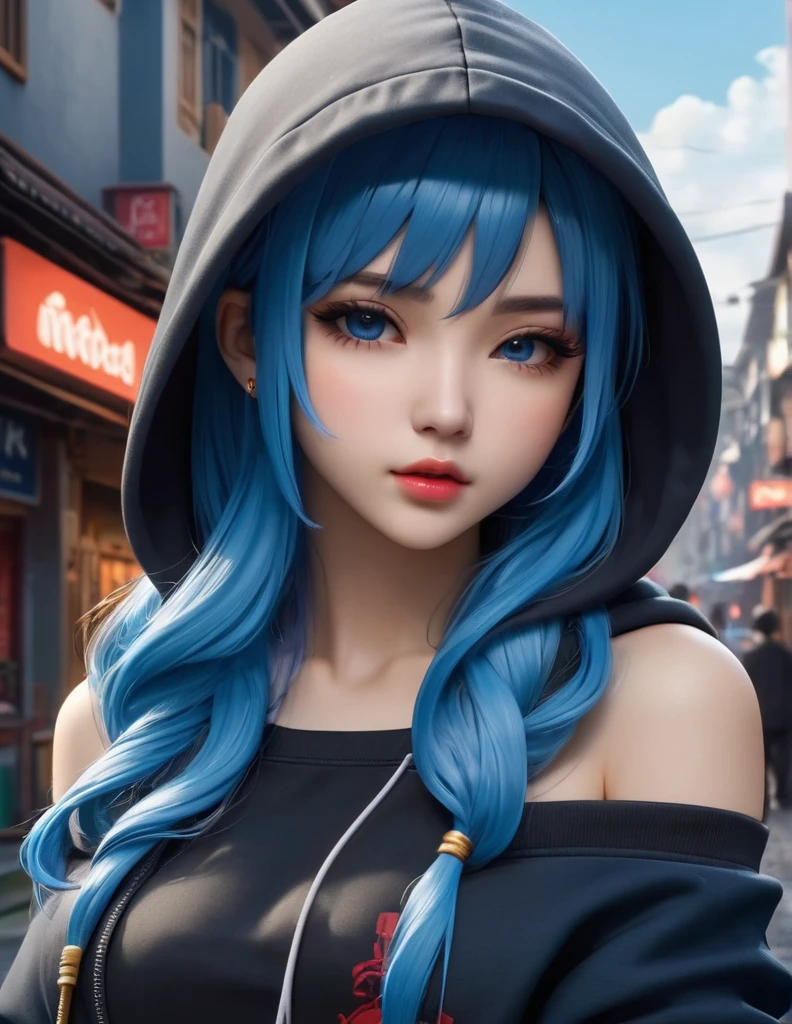 quality(8k wallpaper of extremely detailed CG unit, ​masterpiece, hight resolution, top-quality, top-quality real texture skin,hyper realisitic, digitial painting,increase the resolution,RAW photos，best qualtiy,highly detailed,the wallpaper),BREAK,8K, half face, masterpiece,1girl,solo,long hair,blue hair,hoodie,off shoulder:1.2, mob cap, street,hand on hip, hand in pocket,, Chibi 
