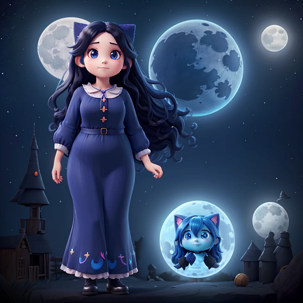 make a witch cute, autistic symbols, blue clothes, colorful puzzles on clothes long black hair, moon details, chubby digital art white background