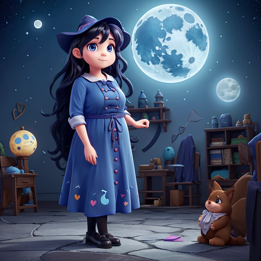 make a witch cute, autistic symbols, blue clothes, colorful puzzles on clothes long black hair, moon details, chubby digital art white background