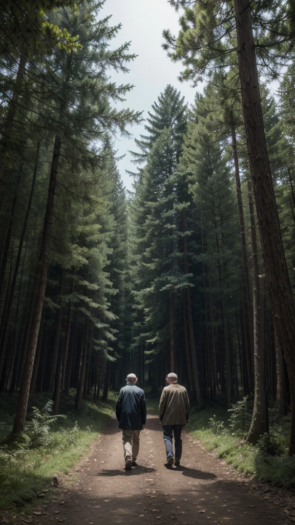 Two old men looking for something in a forest at night