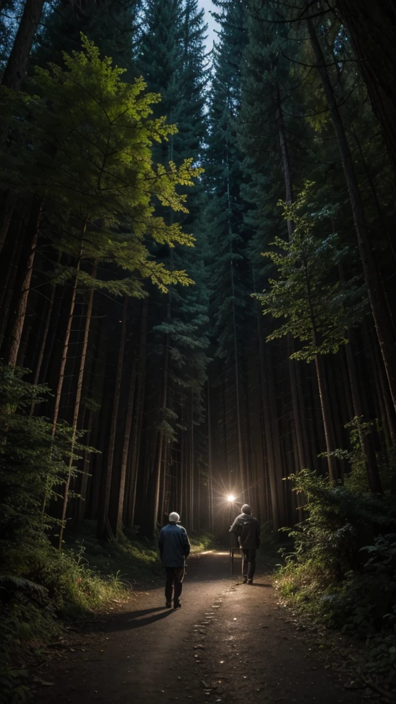 Two old men looking for something in a forest at night