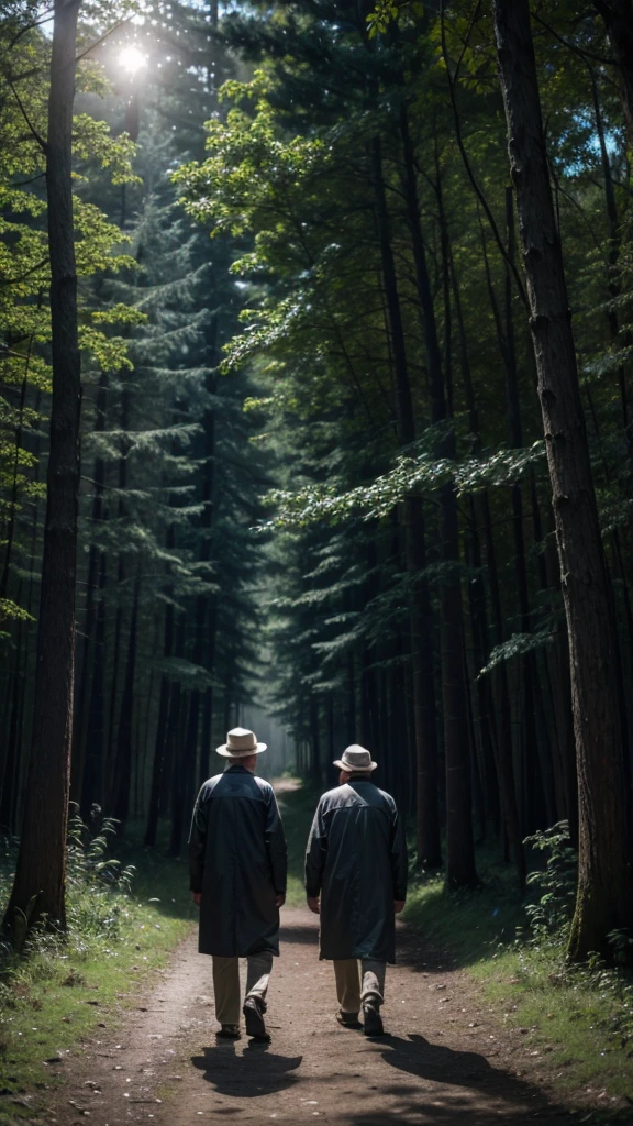 Two old men looking for something in a forest at night